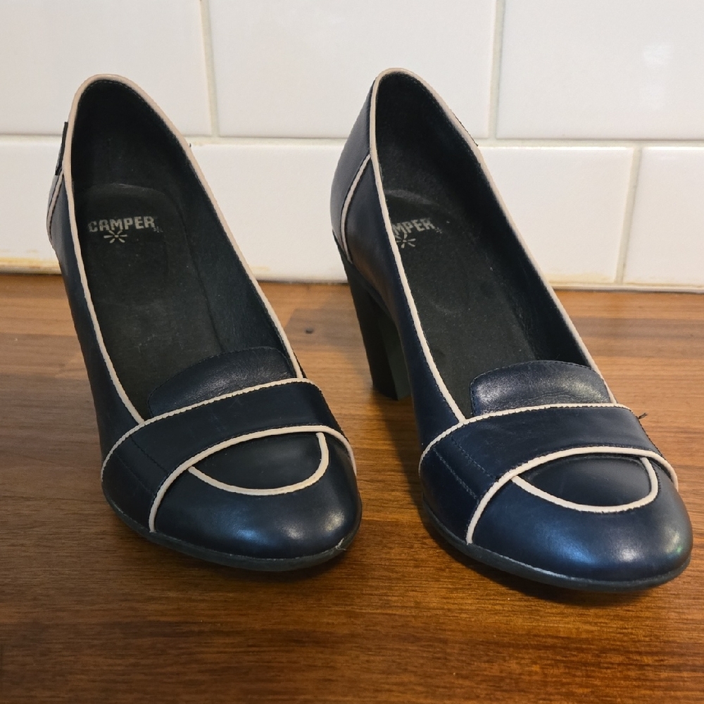 Camper Navy Blue Pumps with Cream Trim